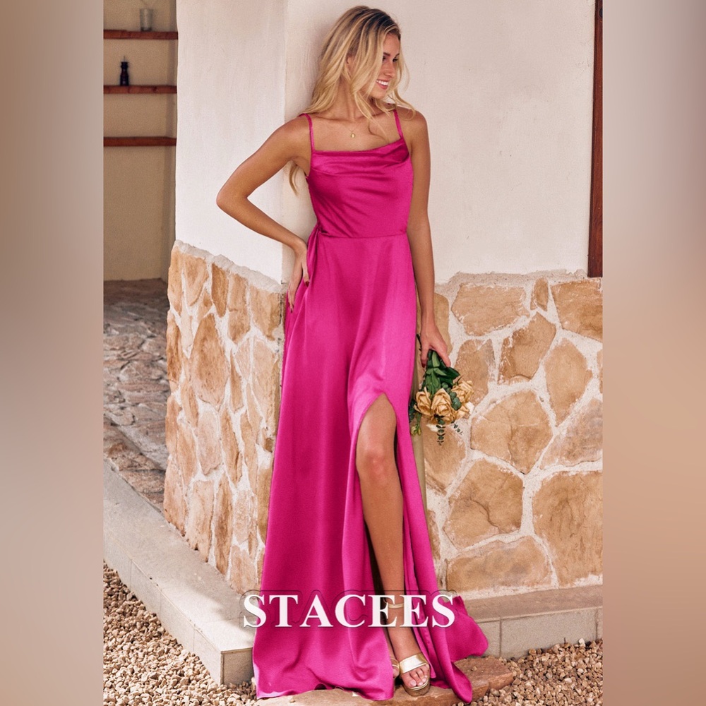 Stacees Pink Satin Evening Dress